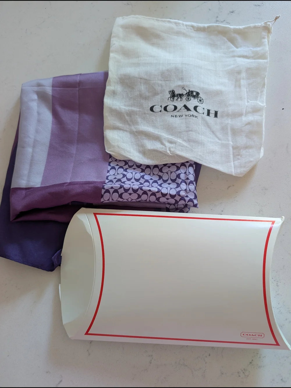 Coach Purple Logo Print Square Silk Scarf and Box